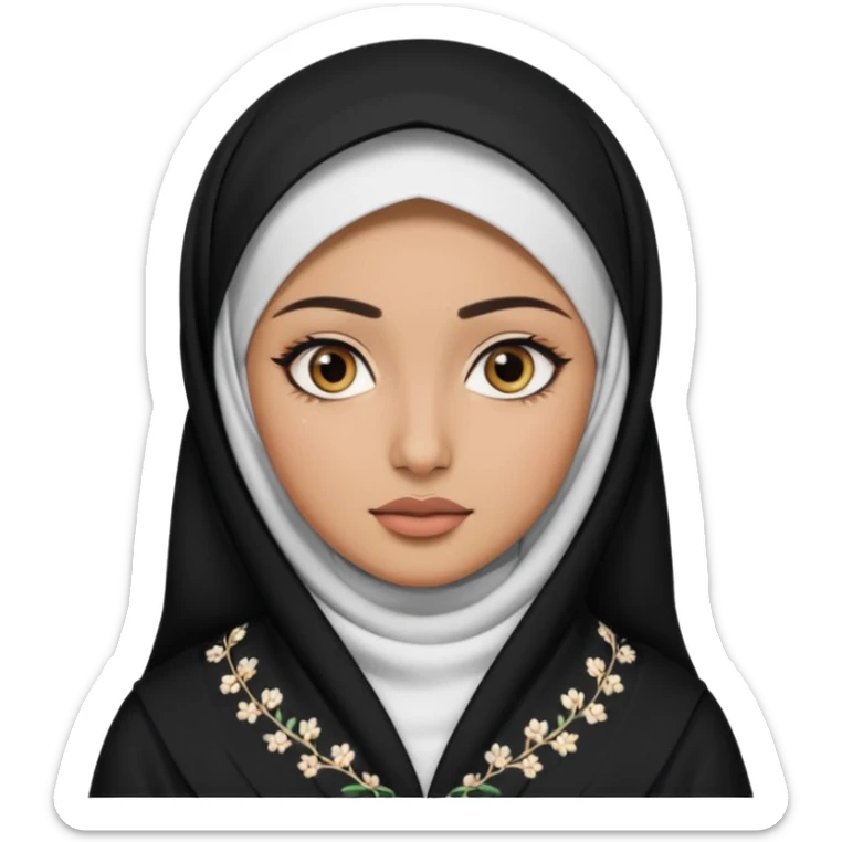 Make a emoji of a Muslim girl wearing a white hijab and makeup on her face, with only her eyes visible and her full body covered in an abaya or burqa. sticker