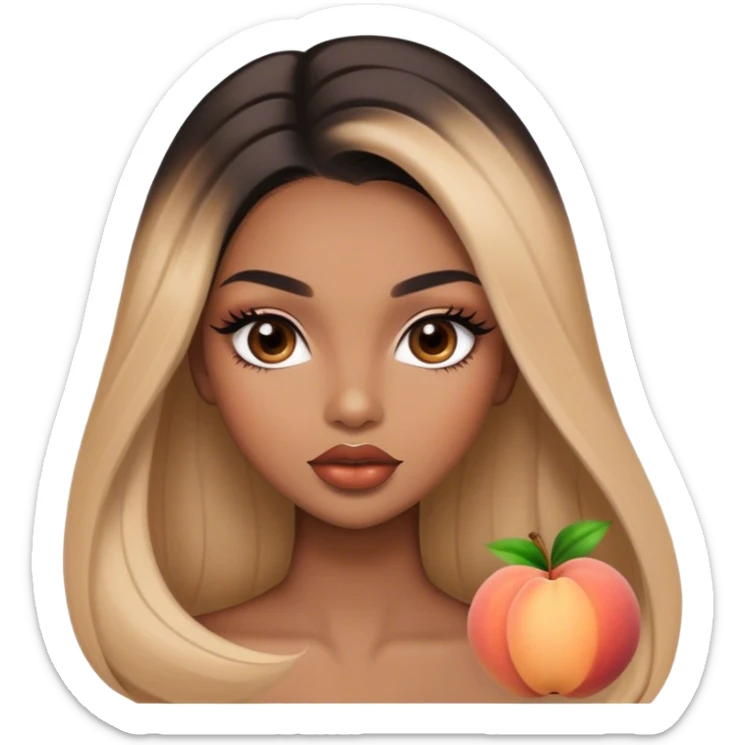 Glamourous, light brown skin tone, very beautiful girl, with big plump peach-beige lips, long long lashes, black straight smooth silky long hair, straight parting hair, brown eyes sticker