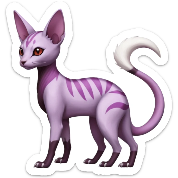 Purple, white, black, Minccino-Sphynx-Lykoi-Linoone-Zangoose-fusion-hybrid-animal-Fakémon-creature, full body, thin long sleek scaly tail, intricate markings sticker