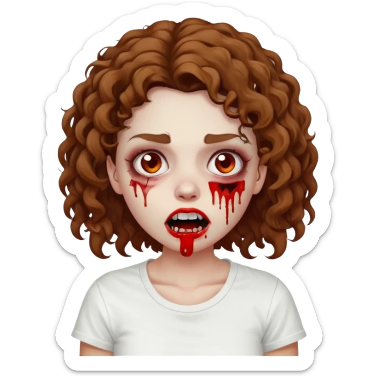 Zombie girl with curly brown hair como emoji de iphone y con la boca un poco lastimada haz que tenga una simple remera blanca puesta pero que sea zombie  sticker
