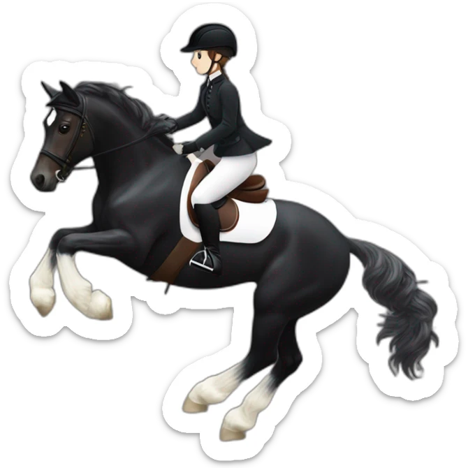 a  JRT BLACK HORSE JUMPING AN OBTACLE, THE HORSE HAS A WHITE BLAZE AND THREE WHITE SOCKS. tHE HORSES RIDER IS A YOUNG FEMALE WITH LONG CURLY BRUNNET HAIR sticker