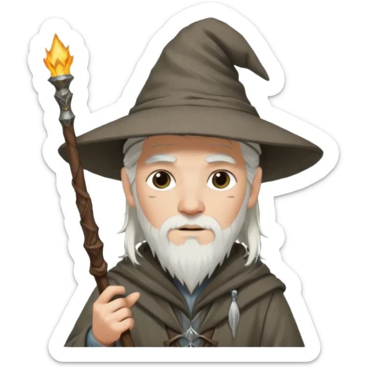 A punk guy with white hair, wearing a hat, holding a Gandalf staff and an AK-47 sticker