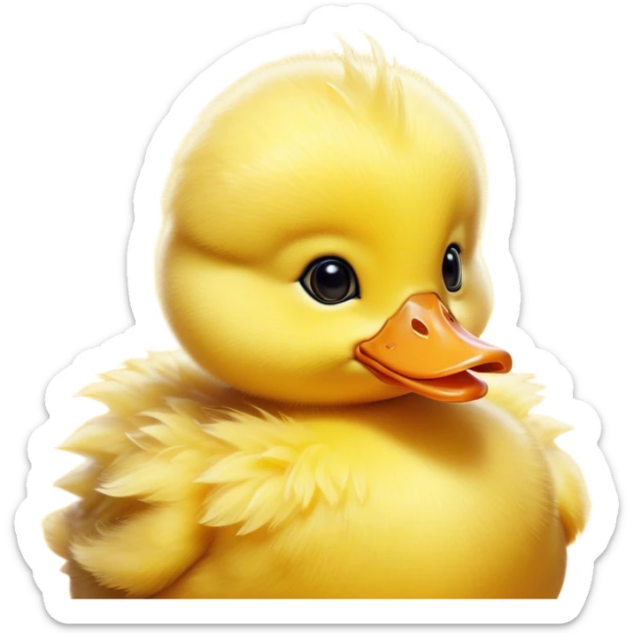 Cinematic Cute Yellow Baby Duck Portrait Emoji, Head tilted playfully and inquisitively, featuring a fluffy, vibrant yellow downy coat with a tiny delicate beak, round, sparkling eyes filled with curiosity, Simplified yet irresistibly adorable features, highly detailed, glowing with a warm, friendly glow, high shine, affectionate and spirited, stylized with a touch of playful whimsy, bright and endearing, soft glowing outline, capturing the essence of a mischievous yet loving duckling, so playful it feels like it could peep out of the screen and into your arms! sticker