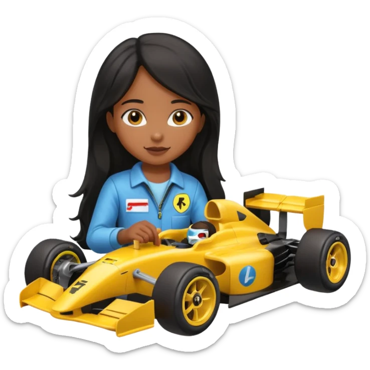  long black haired black girl kid playing yellow colored formula 1 car toy sticker