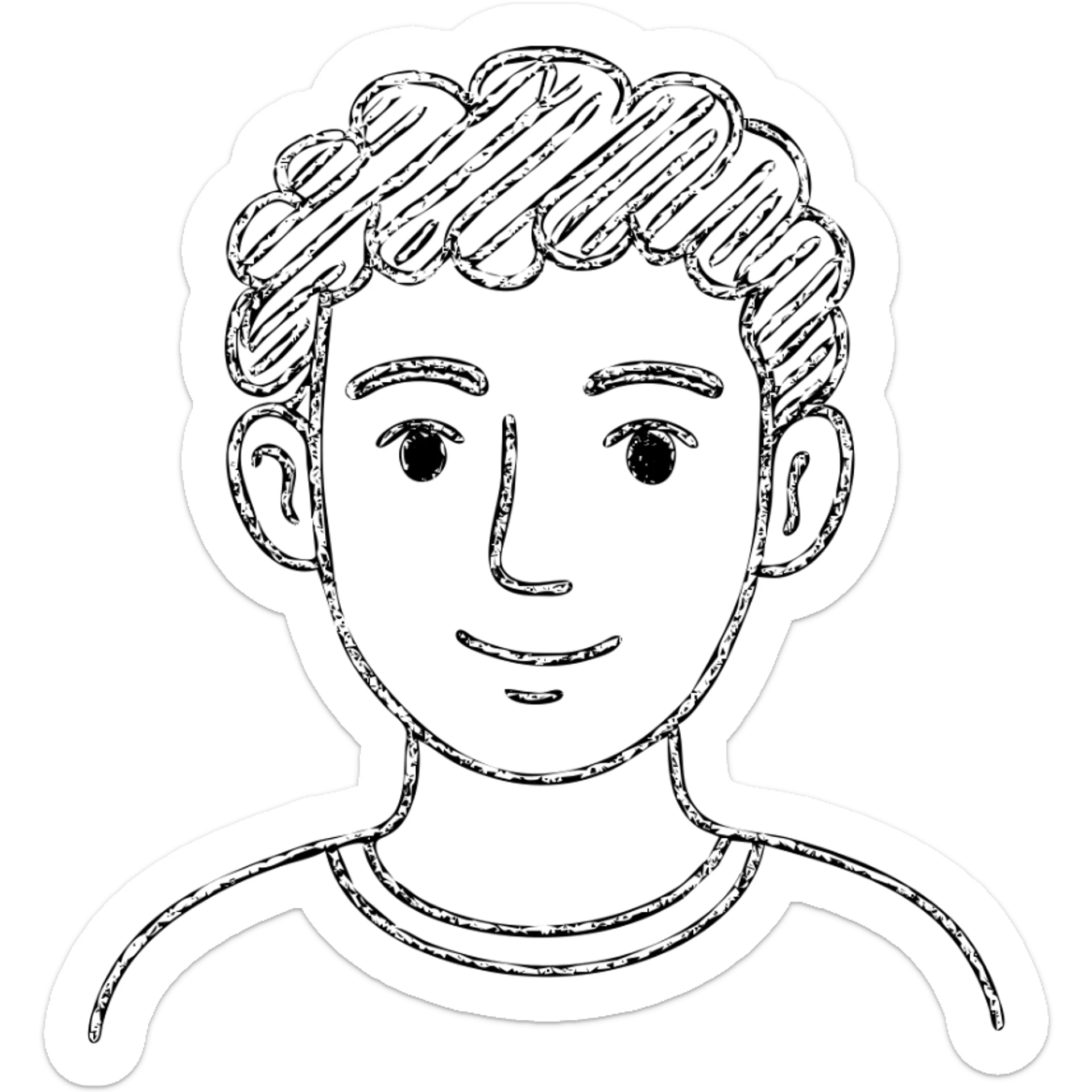 good looking young adult boy with brown curly hair and brown eyes, hand drawn outline icon sticker