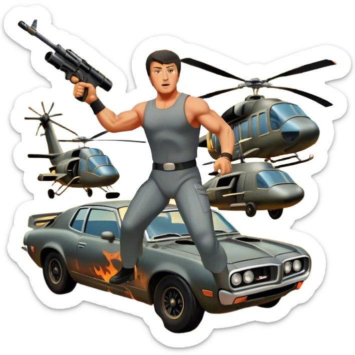 Icon for Action Movie: A vintage movie poster-style design featuring intense action scenes with explosions, weapons, and dramatic poses of Stallone. Include cars and helicopters flying out of flames in the background. Bold typography and retro cinematic style. Transparent background. sticker
