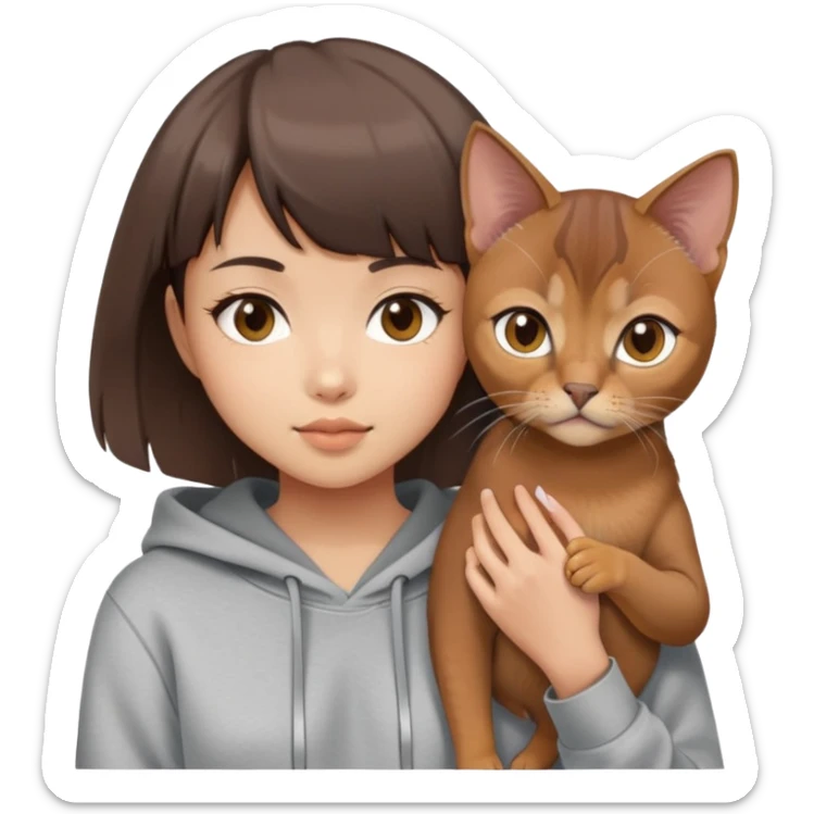 a asian girl with short brown hair and bangs holding an Abyssinian cat， wearing grey hoodie sticker