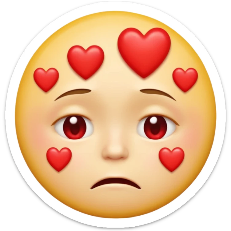 A yellow circular frowning face that is crying, with a dozen hearts floating from top to bottom in front of it sticker