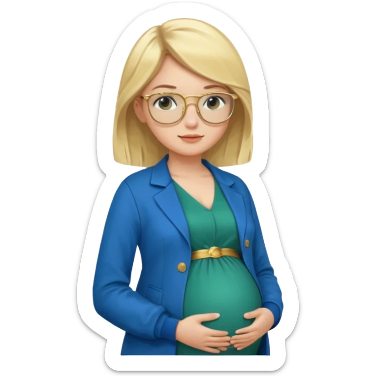 pregnant blonde 18-year old with golden glasses in a bright blue dress and a dark green jacket on top of the blue dress sticker