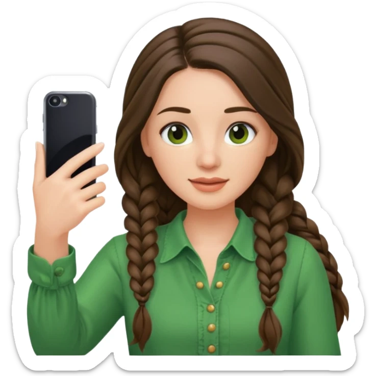 brunette long braided haired woman with green blouse holding her phone having selfie sticker