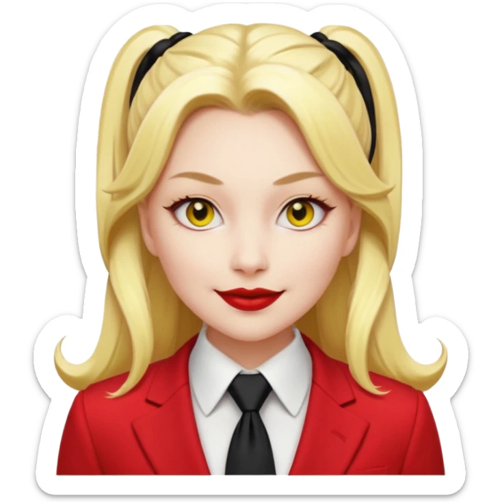 Woman with porcelain white skin, black lips, thick blonde hair that's in a thick long ponytail, a black nose, yellow scleras, red pupils, and a red suit with a black tie. Demon sticker