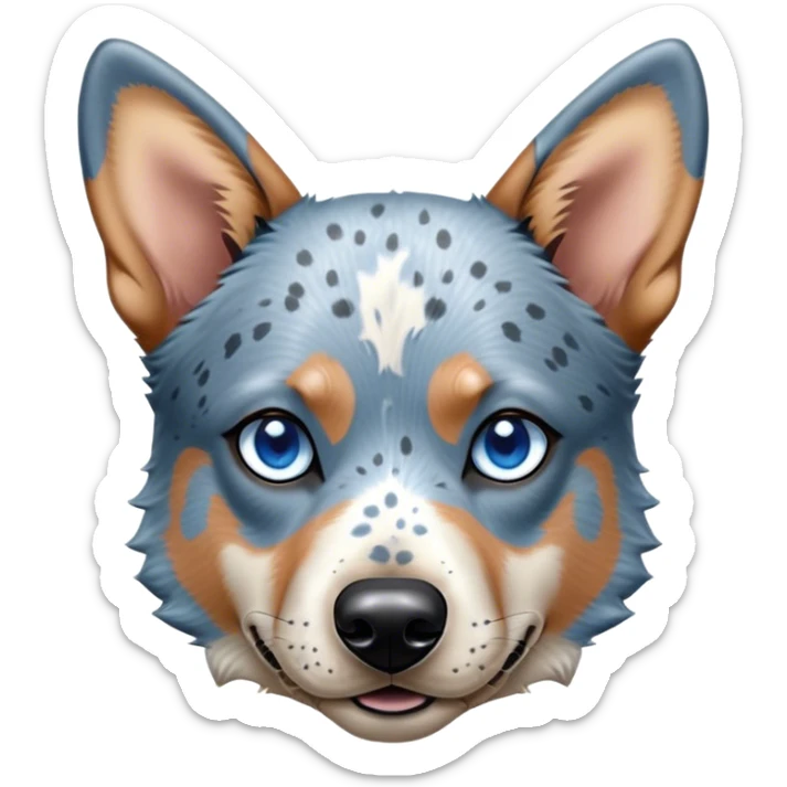 Cinematic Noble Blue Speckle Australian Cattle Dog Portrait Emoji, Poised and regal, with a robust, athletic build and a striking blue speckle Fur, piercing blue eyes, Simplified yet sharp and sophisticated features, highly detailed, glowing with a cool, dignified glow, high shine, intelligent and hardworking, stylized with an air of precision, focused and attentive, soft glowing outline, capturing the essence of a watchful and determined herder, so majestic it feels as though it could leap out of the screen with effortless authority! sticker