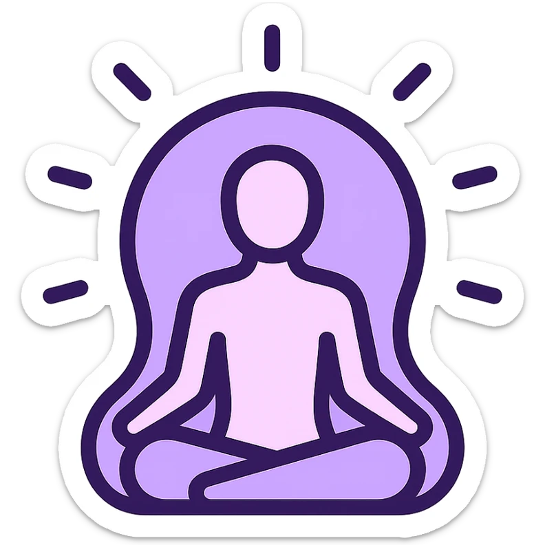 minimalist icon of a meditating figure with a glowing aura, soft purple and white color palette, clean vector lines, modern and serene, suitable for wellness or mindfulness app sticker