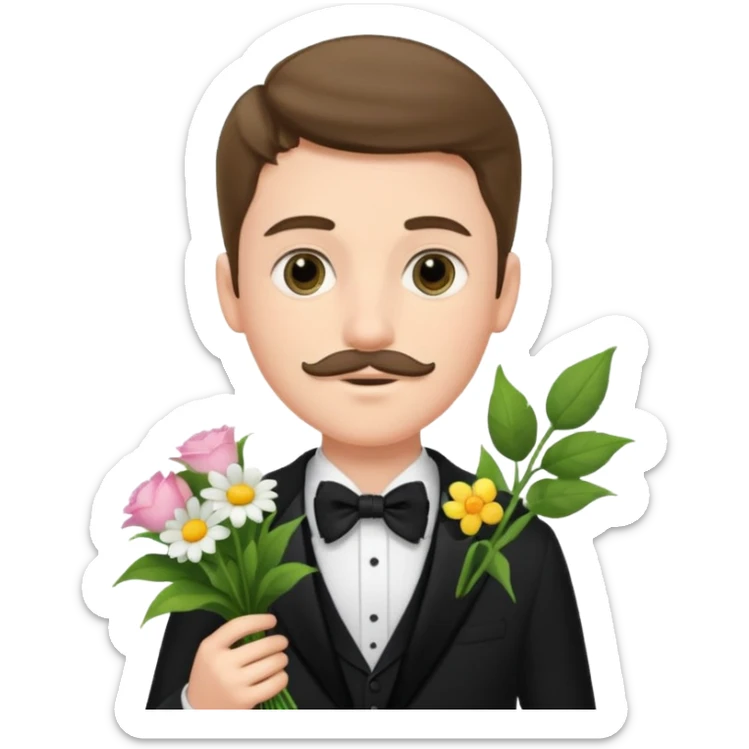 generate an ios genmoji of a 20 year old fair boy with very few and faint mustache hair. should look like he cant grow a mustache., carrying a flower bouquet, wearing a tux sticker