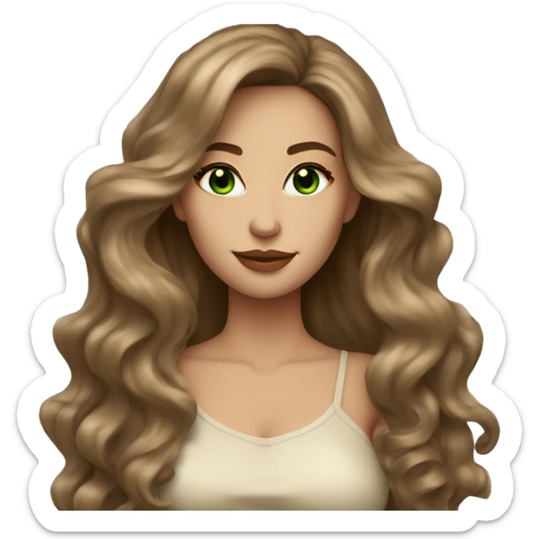 woman long brown wavy voluminous hair with green eyes beige skin and hot outfit sticker