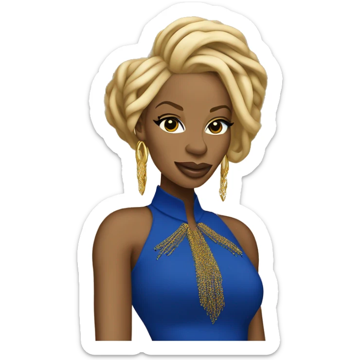 Mary j blige  with and attitude with blue and gold locs wearing a royal blue and gold dress  sticker