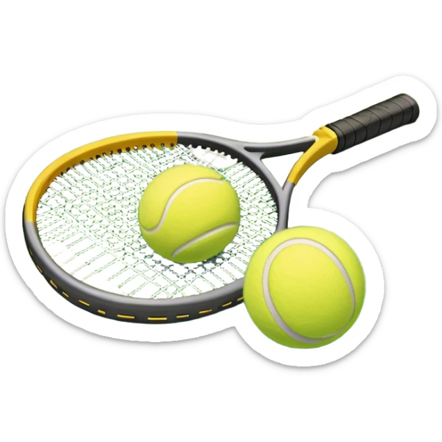 A tennis racket and ball positioned on a grass court, with the net and lines clearly visible in the background. The scene emphasizes the classic elements of the sport, capturing the energy and precision of a tennis match. sticker