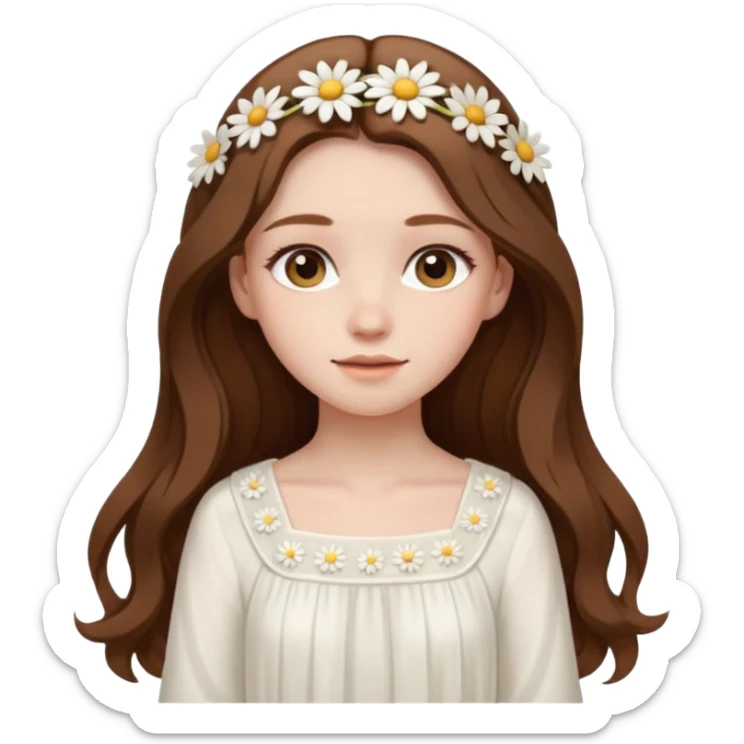 Girl with long brown hair, pale skin, daisy hairclips, long sleeved white flowy dress sticker