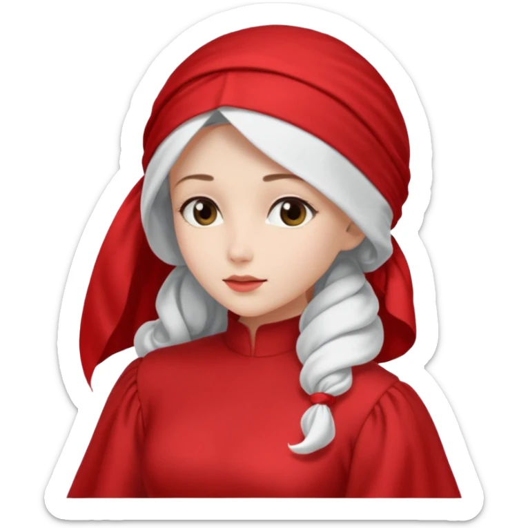mujer de perfil con un vestido rojo de manga y falsas largas y voluptosas, y una toca blanca que cubre su cara sticker
