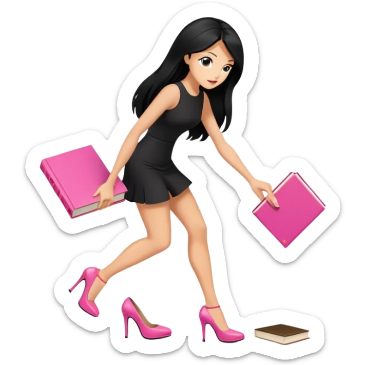 women  long black hair tanned skin, heels in black mini dress, pick up pink book from ground, sticker