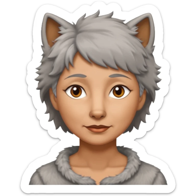 woman 50 years old, short grey fluffy wolf-cut hair, tannes skin and brown eyes sticker