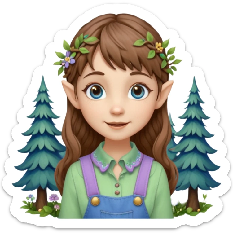 Kind happy whimsical quirky Girl toymaker, wood carving elf. Woodland nature creator. Blue eyes. brown hair (short just-below chin length) wavy hair & bangs. Whimsical playful cute. Overalls with nature embroidered cute shirt collar. Light green, light purple and light blue colour aesthetic  sticker