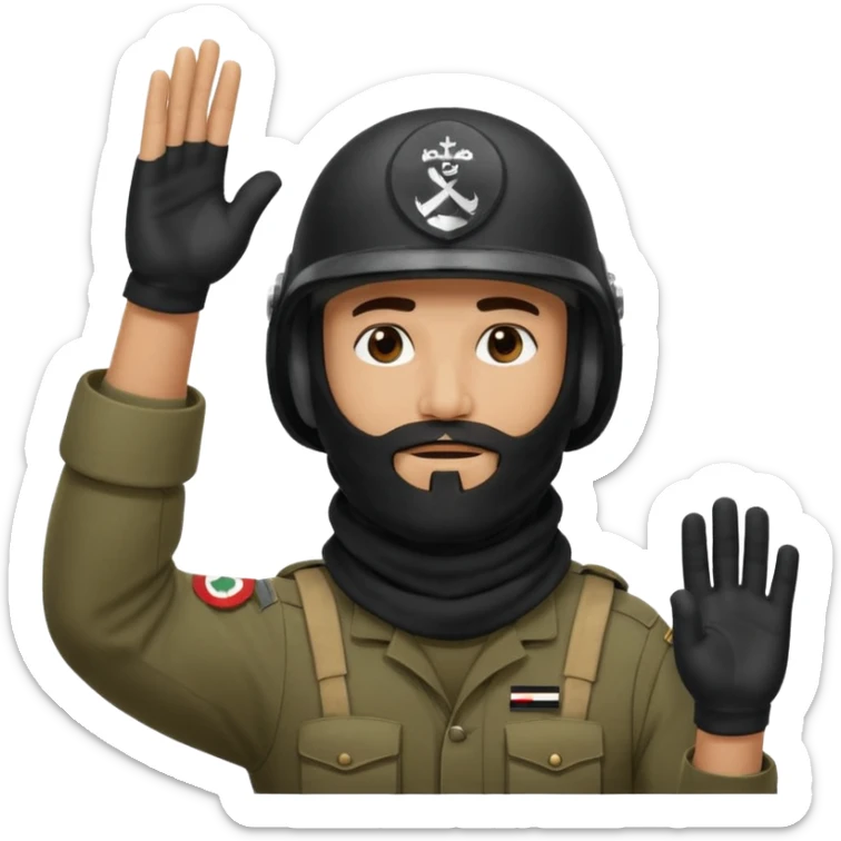 surrenders, depicts an Iraqi soldier from 1980, with a beard, in a helmet, with a balaclava, with a sad face and raised hands sticker