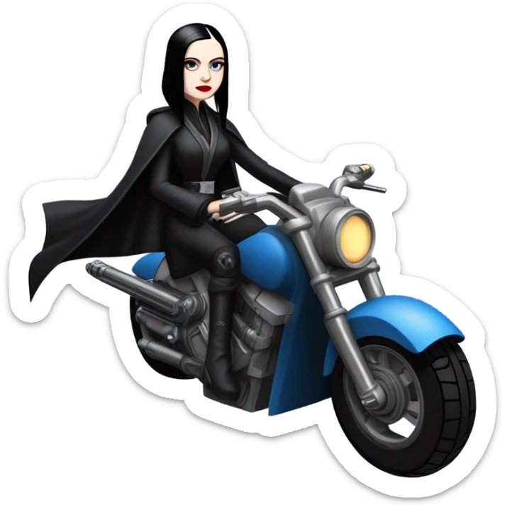 Wednesday Addams Jedi bounty hunter sitting in a modern blue,red and pewter steampunk electric luxury motorcycle  sticker