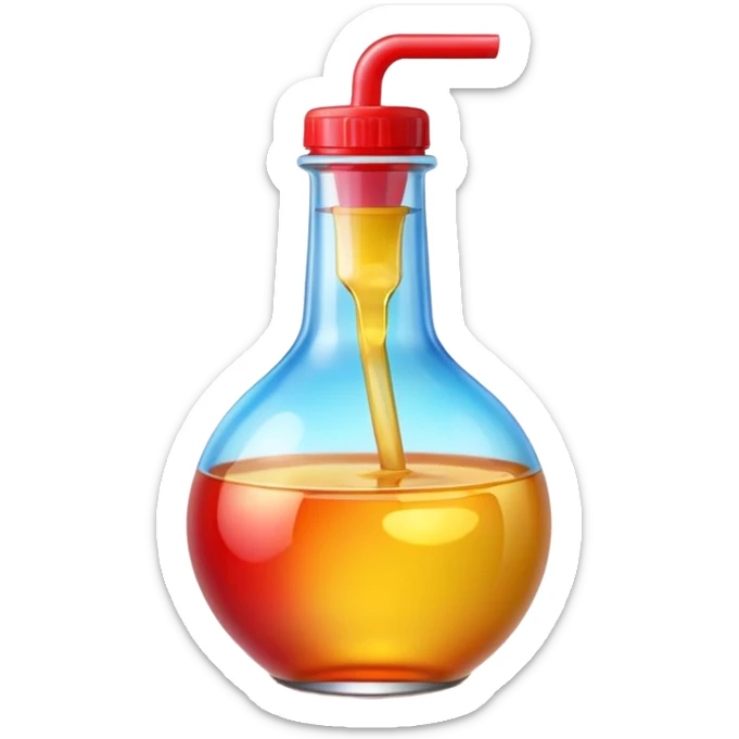 A 3D Apple-style beverage bottle emoji, transparent glass filled with colorful liquid (like soda or juice), shiny surface with light reflections, simple round body with a narrow neck and cap, clean minimal background. sticker
