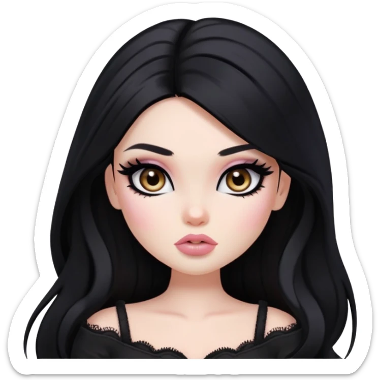  long hair, pale skin, dark brown eyes, pretty bratz baddie, black eyeliner, blush sticker