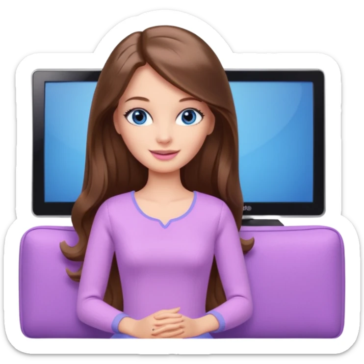 beautiful barbie girl with long brown hair, blue eyes and wearing light purple clothes watching tv sticker