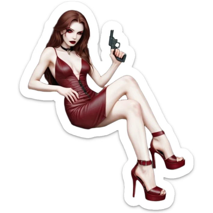Lilith symbol red eye seductress evil long brown haired sexy succubus woman with leather long dress with slit on, sitting in Big Large F350 pickup truck. Platform long high heels on feet. Back seat full of stacks of cash, she is  Holding a man dead human skull of her enemies and a gun in other hand sticker