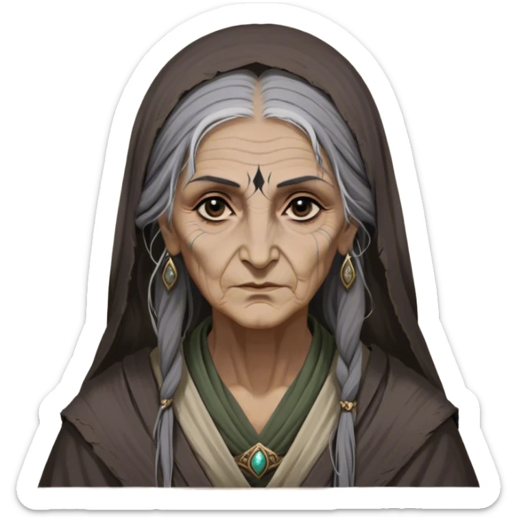 Mirri Maz Duur is a weathered, old Lhazareen woman with deep-set dark eyes, high cheekbones, and a sharp nose, giving her a stern, knowing expression. Her long, unkempt dark hair streaked with gray falls loosely over her shoulders, and her earth-toned, tattered robes mark her as a humble healer. Despite her frail appearance, she exudes an aura of mystery and menace, her hands stained with herbs and blood from both healing and dark sorcery. sticker