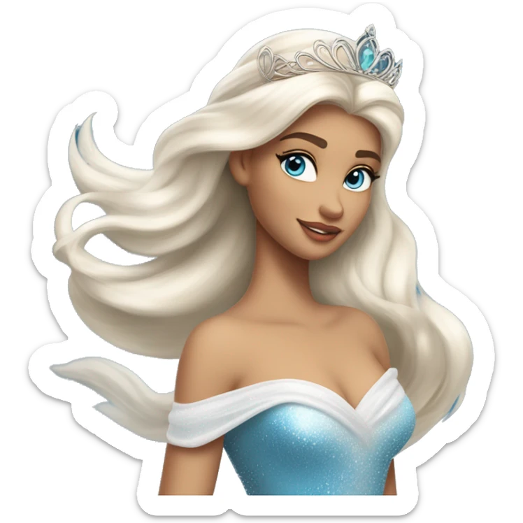 The Swan Princess, a beautiful young woman with platinum blonde hair, ocean-blue eyes, and a swan-inspired dress and tiara, exudes allure as she combs her hair gracefully in the wind. sticker