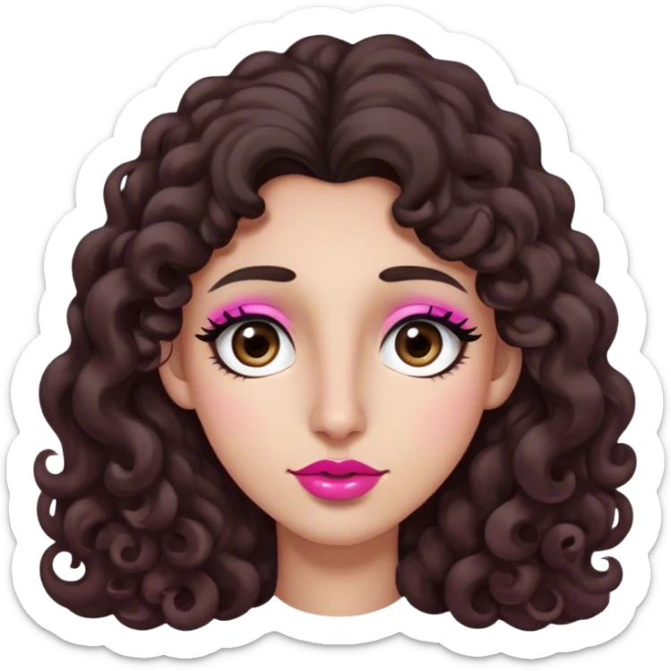 Long dark brown curly hair, long nose, long chin, long face, small dark brown eyes, dark far eyebrows, light medium skin tone, pink nude small lips sticker