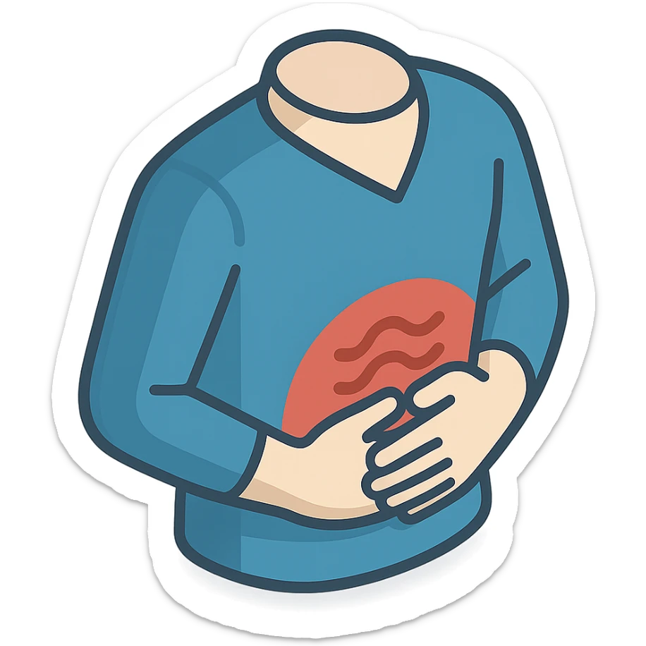 pain in stomach, torso in clothing, hands holding stomach, waves of pain, 2d isometric style, detailed shadows and highlights, no face and legs, only torso in clothing, stomach, hands and pain, transparent background sticker