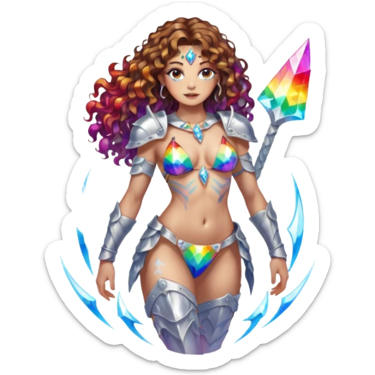 full body woman long curly brown hair brown eyes white skin tattoos crystal bikini armor, refracted rainbow light sticker