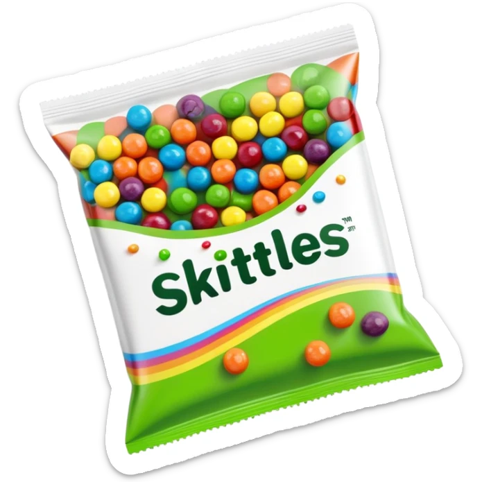 Minimalist top-down view of an open Skittles package with green candies spilling out. Simple rainbow colors on package, clean design. sticker