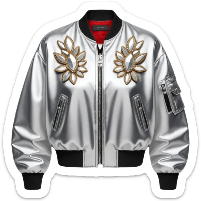 Alexander McQueen brand Cropped bomber detailed jacket for women with shiny silver edgy style, detailed embellishments. 8k, 5000x5000px, 3D rendering, realistic, isolated still life, no emoji faces no emoji icons no human figures  sticker