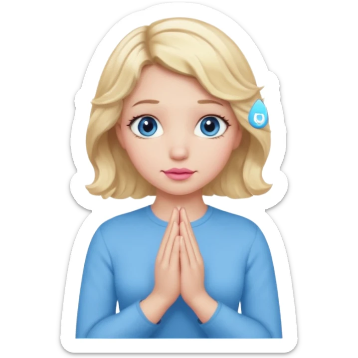 Girl Blonde short wavy hair,  blue eyes, cute blue top, long lashes, pink lips, praying hands sticker