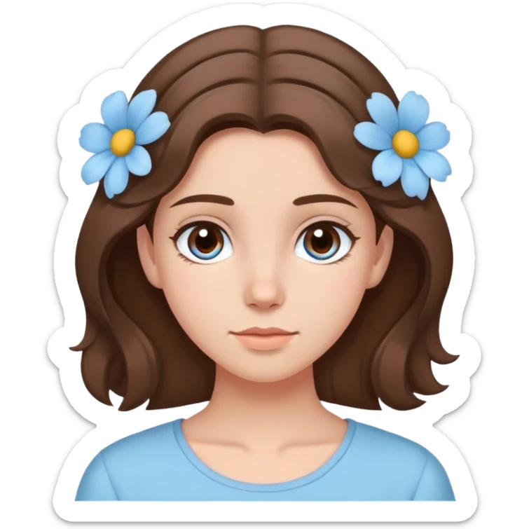 brunette girl with brown hair wearing pastel blue clothes with flowers in her hair sticker