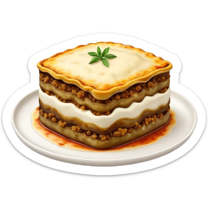 Cinematic Realistic Moussaka Dish Emoji, depicted with layers of eggplant, minced meat, and b√©chamel sauce rendered with rich textures and warm, inviting lighting that captures its Mediterranean flavor. sticker