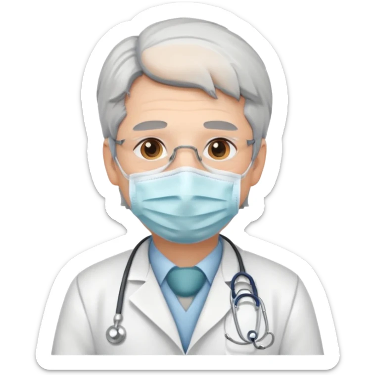 This is a cartoon-style avatar of a doctor with gray hair, wearing a face mask sticker