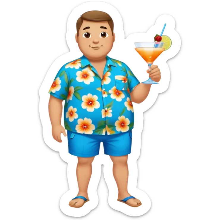 chubby guy full figure in a flowered azure havai shirt, brown shorts and flippers holding a cocktail sticker
