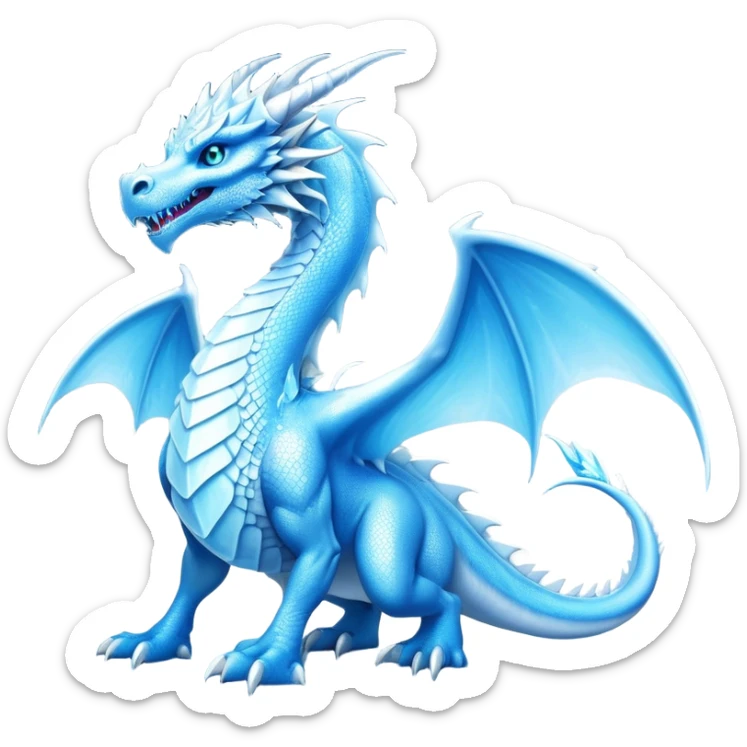 Cinematic Noble very elegant Ice Dragon full body  Emoji, Poised and imposing, distinct long elegant snout, with a slender, scaled body shimmering in glacial hues of icy blue, frostbitten silver, and crystalline white, breathing out frost, with piercing, glowing ice blue white eyes that radiate the chilling depths of an arctic storm; rendered in detail. excuding wisdom sticker