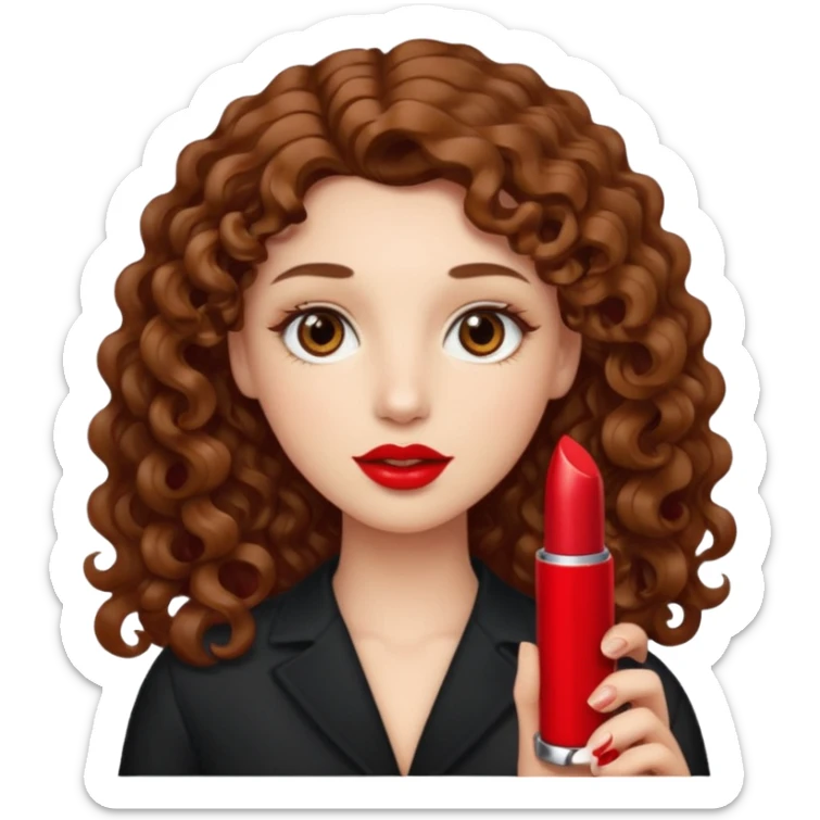 Ojos café claro, piel clara, cabello largo rizado color castaño sosteniendo un labial rojo sticker