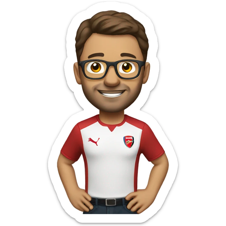 man mid 30 age arsenal shirt glasses short brown hair celebrating sticker