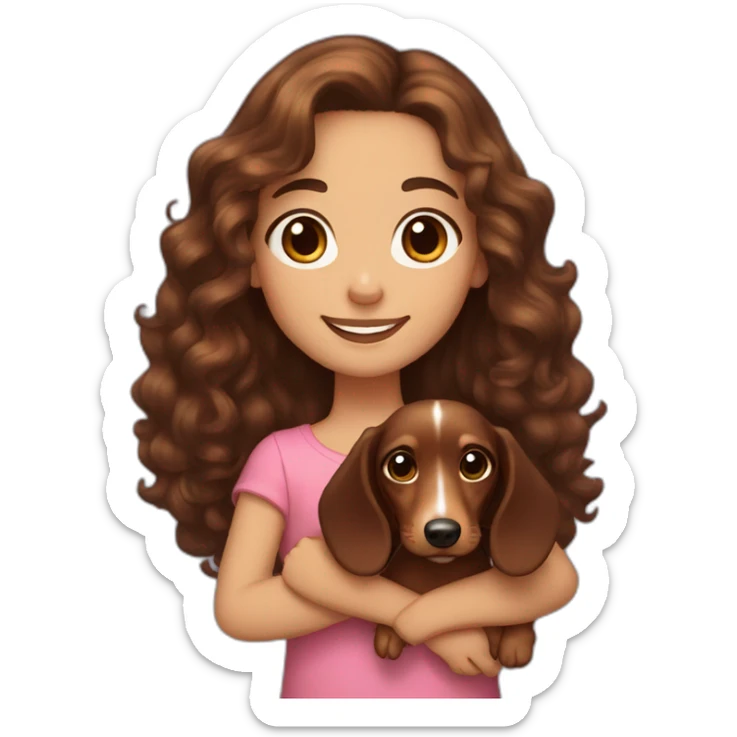 Girl long curly brown hair smiling and brown eyes with long eyelashes and holding a dachshund  in her arms sticker