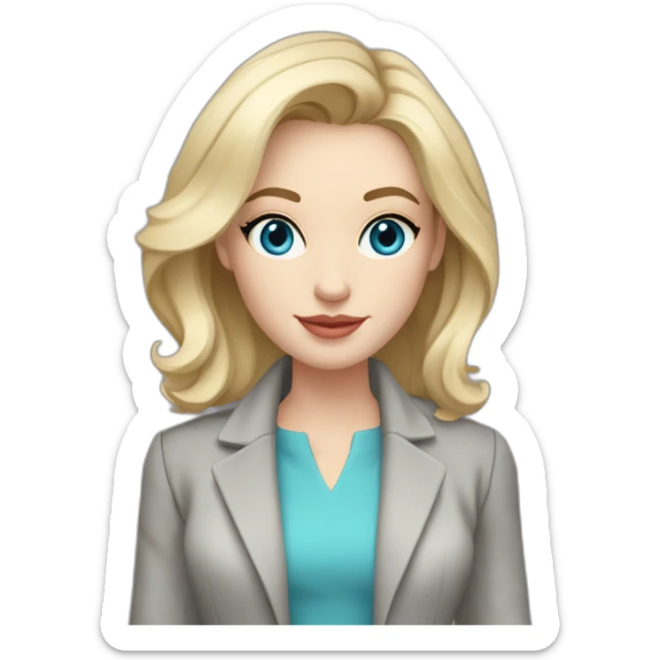 pale skin woman interior designer with cold blonde middle length hair, blue eyes, White blouse, Gray oversize jacket, Gray skirt holding a color palette in the hands sticker