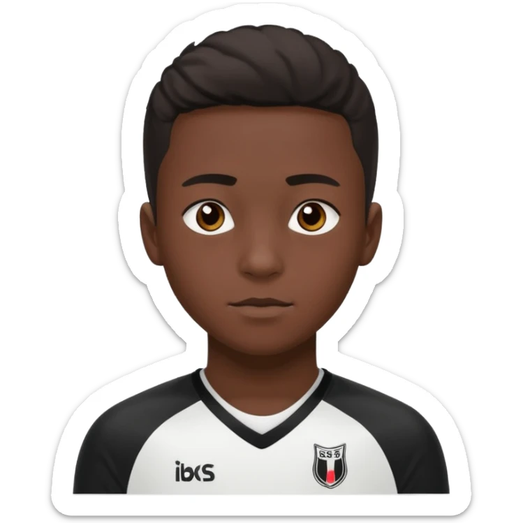 A dark-skinned boy, aged 15 and 16, is wearing a Besiktas jersey, black and white. sticker